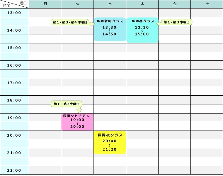 ラウレア長岡クラス・長岡新町 レッスンスケジュール